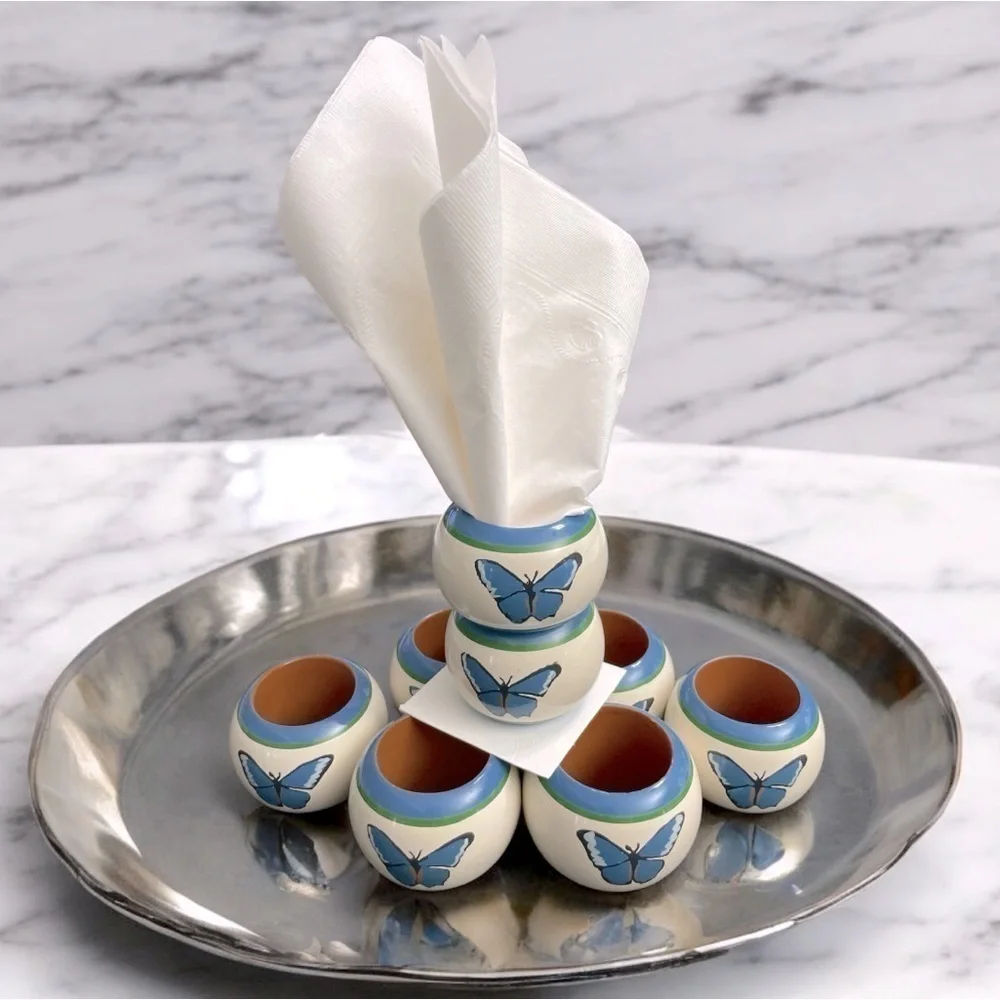 Pimpernel Napkins & Rings Butterfly Design ONE SET of 8. Hand painted wooden